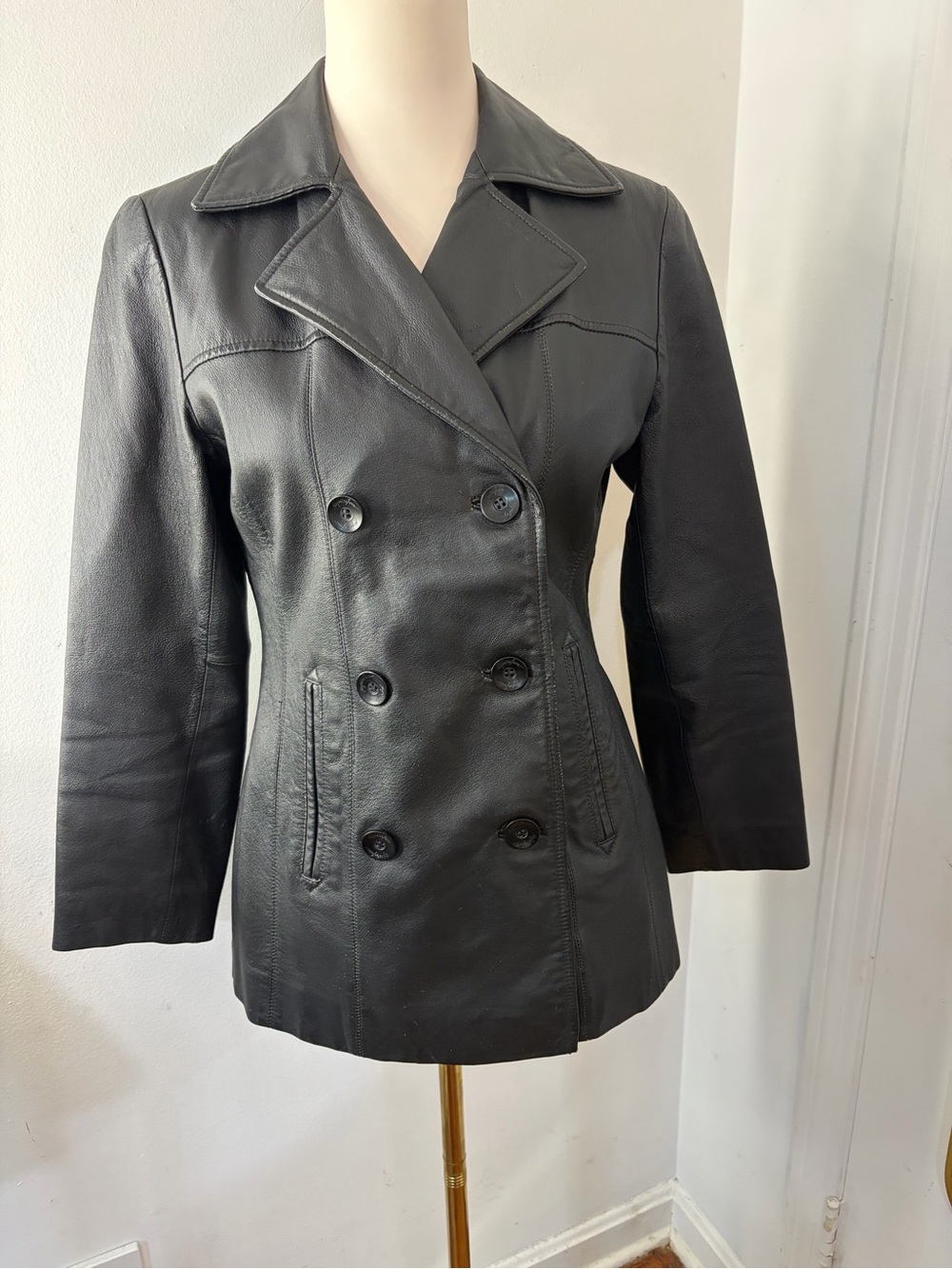 Vintage 90s Jacqueline Ferrar Black Double-Breasted Leather Jacket